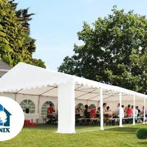 Professzionális rendezvénysátor, partisátor 5 × 12 m, 60 m², fehér PVC ponyvával, megerősített horganyzott acélszerkezettel, stabil padlókerettel és megerősített tetőszerkezettel