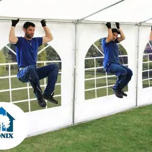 Professzionális rendezvénysátor, partisátor 5 × 12 m, 60 m², fehér PVC ponyvával, megerősített horganyzott acélszerkezettel, stabil padlókerettel és megerősített tetőszerkezettel