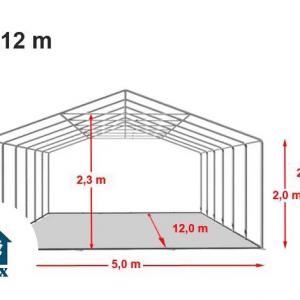 Professzionális rendezvénysátor, partisátor 5 × 12 m, 60 m², fehér PVC ponyvával, megerősített horganyzott acélszerkezettel, stabil padlókerettel és megerősített tetőszerkezettel