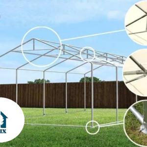 Professzionális rendezvénysátor, partisátor 5 × 12 m, 60 m², lángálló fehér PVC ponyvával, extra erős horganyzott acélszerkezettel, megerősített tetővel és stabil padlókerettel