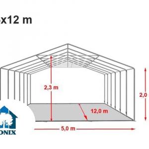 Professzionális rendezvénysátor, partisátor 5 × 12 m, 60 m², lángálló fehér PVC ponyvával, extra erős horganyzott acélszerkezettel, megerősített tetővel és stabil padlókerettel