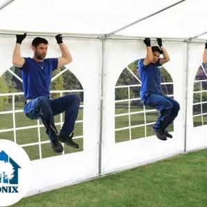 Professzionális rendezvénysátor, partisátor 5 × 8 m, 40 m², fehér PVC ponyvával, megerősített horganyzott acélszerkezettel, stabil padlókerettel és megerősített tetőszerkezettel
