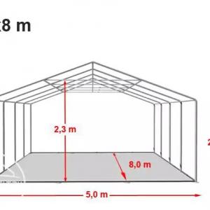 Professzionális rendezvénysátor, partisátor 5 × 8 m, 40 m², fehér PVC ponyvával, megerősített horganyzott acélszerkezettel, stabil padlókerettel és megerősített tetőszerkezettel