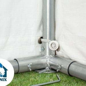 Professzionális rendezvénysátor, partisátor 5 × 8 m, 40 m², fehér PVC ponyvával, megerősített horganyzott acélszerkezettel, stabil padlókerettel és megerősített tetőszerkezettel