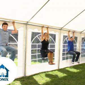 Professzionális rendezvénysátor, partisátor 6 × 10 m, 60 m², extra erős fehér PVC ponyvával,  teljesen horganyzott acélszerkezettel