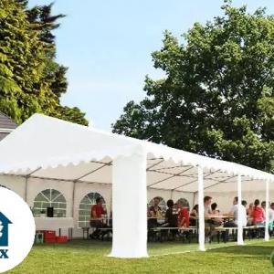 Professzionális rendezvénysátor, partisátor 6 × 12 m, 72 m², fehér PVC ponyvával, megerősített horganyzott acélszerkezettel, stabil padlókerettel és megerősített tetőszerkezettel