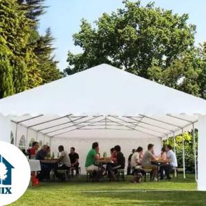 Professzionális rendezvénysátor, partisátor 6 × 12 m, 72 m², lángálló fehér PVC ponyvával, teljesen horganyzott megerősített acélszerkezettel, extra tetőmerevítéssel és stabil padlókerettel