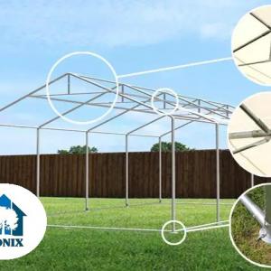 Professzionális rendezvénysátor, partisátor 6 × 12 m, 72 m², PVC fehér ponyvával, extra erős horganyzott acélszerkezettel, megerősített tetővel és stabil padlókerettel