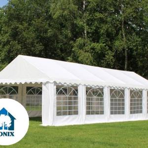 Professzionális rendezvénysátor, partisátor 6 × 14 m, 84 m², extra erős fehér PVC ponyvával,  horganyzott acélszerkezettel