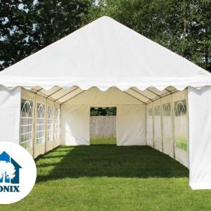 Professzionális rendezvénysátor, partisátor 6 × 14 m, 84 m², extra erős fehér PVC ponyvával,  horganyzott acélszerkezettel