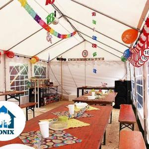 Professzionális rendezvénysátor, partisátor 6 × 14 m, 84 m², extra erős fehér PVC ponyvával,  horganyzott acélszerkezettel