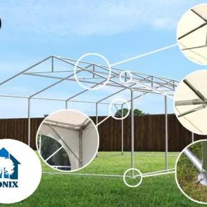 Professzionális rendezvénysátor, partisátor 6 × 14 m, 84 m², lángálló fehér PVC ponyvával, extra erős horganyzott acélszerkezettel,  megerősített tetővel és stabil padlókerettel