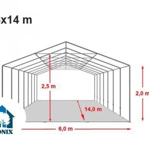 Professzionális rendezvénysátor, partisátor 6 × 14 m, 84 m², lángálló fehér PVC ponyvával, extra erős horganyzott acélszerkezettel,  megerősített tetővel és stabil padlókerettel