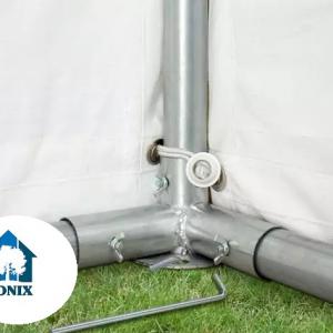 Professzionális rendezvénysátor, partisátor 6 × 14 m, 84 m², lángálló fehér PVC ponyvával, extra erős horganyzott acélszerkezettel,  megerősített tetővel és stabil padlókerettel