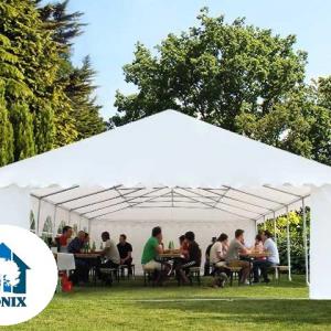 Professzionális rendezvénysátor, partisátor 6 × 14 m, 84 m², lángálló fehér PVC ponyvával, teljesen horganyzott erősített acélszerkezettel, kiegészítő tetőmerevítéssel és stabil padlókerettel