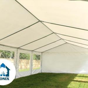 Professzionális rendezvénysátor, partisátor 6 × 6 m, 36 m², extra erős fehér PVC ponyvával, teljesen horganyzott acélszerkezettel