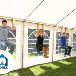 Professzionális rendezvénysátor, partisátor 6 × 6 m, 36 m², extra erős fehér PVC ponyvával, teljesen horganyzott acélszerkezettel