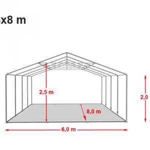Professzionális rendezvénysátor, partisátor 6 × 8 m, 48 m², lángálló fehér PVC ponyvával, megerősített horganyzott acélszerkezettel és stabil padlókerettel