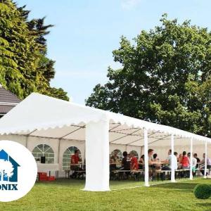 Professzionális rendezvénysátor, partisátor 8 × 12 m – fehér, vízálló PVC ponyvával, extra erős horganyzott acélszerkezettel, megerősített tetővázzal és stabil padlókerettel – 96 m²