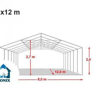 Professzionális rendezvénysátor, partisátor 8 × 12 m, 96 m², lángálló fehér PVC ponyvával, extra erős horganyzott acélszerkezettel, megerősített tetővel és stabil padlókerettel
