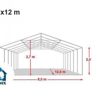 Professzionális rendezvénysátor, partisátor 8 × 12 m, 96 m², lángálló fehér PVC ponyvával, megerősített horganyzott acélszerkezettel és stabil padlókerettel