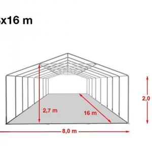 Professzionális rendezvénysátor, partisátor 8 × 16 m – lángálló, fehér PVC ponyvával, megerősített, teljesen horganyzott acél szerkezettel, 128 m²-es alapterülettel