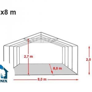 Professzionális rendezvénysátor, partisátor 8 × 8 m, 64 m², fehér PVC ponyvával, megerősített horganyzott acélszerkezettel és stabil padlókerettel