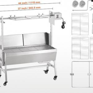 Professzionális rozsdamentes acél grillsütő készlet – 42 W-os motorral, 4 ford./perc sebességgel, 40 kg terhelhetőséggel, 1110×417×1080 mm méretben.