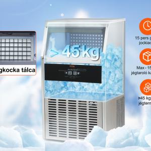 Professzionális szekrényes jégkészítő – 45 kg jég/nap, 50 jégkocka 12–15 perc alatt, 15 kg tárolókapacitás, LED kijelzővel