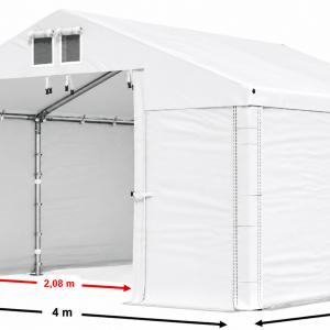 Professzionális tárolósátor 4 × 4 m – 16 m², PVC fehér  ponyvával, két magas bejárattal és horganyzott acélszerkezettel