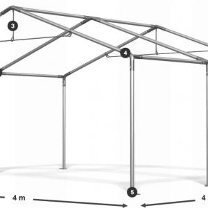 Professzionális tárolósátor 4 × 4 m – 16 m², PVC szürke ponyvával, két magas bejárattal és horganyzott acélszerkezettel