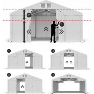 Professzionális tárolósátor 4 × 4 m – 16 m², PVC szürke ponyvával, két magas bejárattal és horganyzott acélszerkezettel