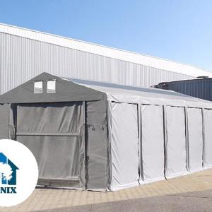 Professzionális tárolósátor, raktársátor ipari sátor 8 × 12 m, 96 m² alapterülettel, 4,00 m oldalmagassággal, felhúzható kapuval, tetőablakkal, személyi bejárattal és szürke PVC ponyvával