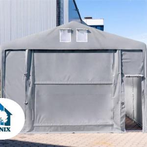 Professzionális tárolósátor, raktársátor ipari sátor 8 × 12 m, 96 m² alapterülettel, 4,00 m oldalmagassággal, felhúzható kapuval, tetőablakkal, személyi bejárattal és szürke PVC ponyvával