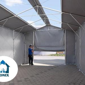 Professzionális tárolósátor, raktársátor ipari sátor 8 × 12 m, 96 m² alapterülettel, 4,00 m oldalmagassággal, felhúzható kapuval, tetőablakkal, személyi bejárattal és szürke PVC ponyvával