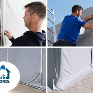 Professzionális tárolósátor, raktársátor ipari sátor 8 × 12 m, 96 m² alapterülettel, 4,00 m oldalmagassággal, felhúzható kapuval, tetőablakkal, személyi bejárattal és szürke PVC ponyvával