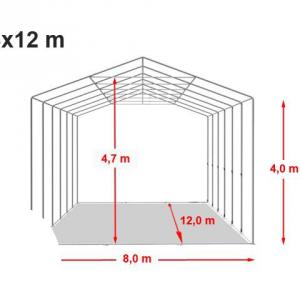 Professzionális tárolósátor, raktársátor ipari sátor 8 × 12 m, 96 m² alapterülettel, 4,00 m oldalmagassággal, felhúzható kapuval, tetőablakkal, személyi bejárattal és szürke PVC ponyvával