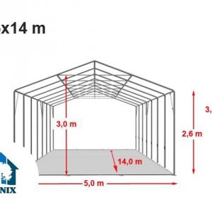 Professzionális tűzálló extra erős rendezvénysátor 5x14 m, ponyva PVC fehér oldalmagasság+ 2,6m erősített szerkezettel