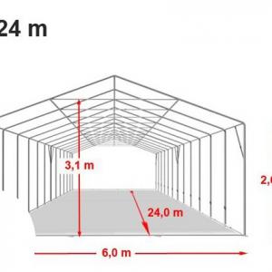 Professzionális tűzálló extra erős rendezvénysátor 6x24 m, ponyva PVC 1400 szürke  oldalmagasság+ 2,6m erősített szerkezet  (144m2)