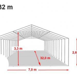 Professzionális tűzálló extra erős rendezvénysátor 7x32 m, ponyva PVC fehér oldalmagasság  + 2,6m, erősített szerkezettel