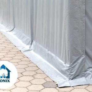 Professzionális tűzálló raktársátor 8x16m oldalmagasság 4,00m  standard ajtó, PVC 720g/m2 szürke