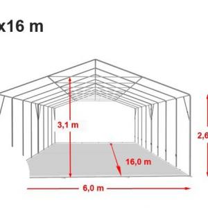 Professzionláis  raktársátor, tároló 6x16 m ponyva PVC  oldalmagasság + 2,6 m erősített szerkezettel  fehér