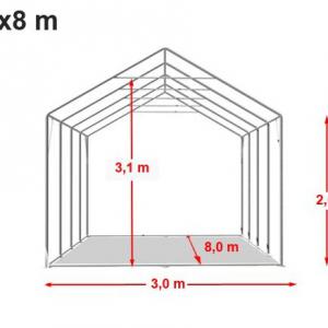 Professzionláis raktársátor, tároló sátor 3x8m ponyva PVC fehér +2,6 m oldalfalmagasság erősített szerkezettel padlókerettel