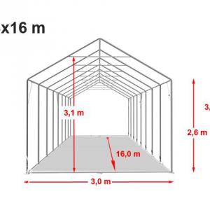 Professzionlis raktársátor, tároló sátor 3x16 m ponyva PVC oldalmagasság +2,6 m erősített szerkezet fehér