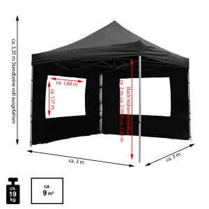 PROFI  ALU összecsukható pavilon, harmónika sátor rendezvénysátor 3x3 m ponyva  270 g/m² 2db  oldalfallal fekete