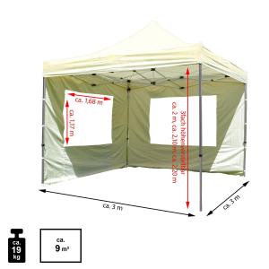 PROFI ALUMÍNIUM szerkezetes pop-up  pavilon, rendezvénysátor 3x3 m 2db oldalfallal ponyva PVC  pezsgő