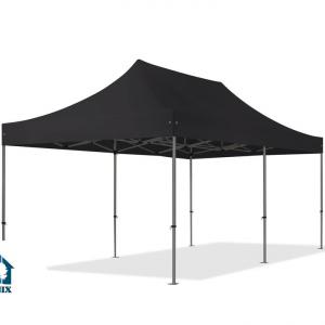 PROFI pop-up összecsukható pavilon  3 × 6 m, 18 m², fekete vízálló PVC ponyvával, 4 db ablak nélküli oldalfallal, 40 mm-es porfestett acélvázzal, ollómechanikával és 5 fokozatban állítható magassággal