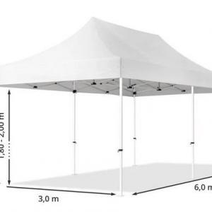 PROFI pop-up összecsukható pavilon és rendezvénysátor 3 × 6 m, 18 m², fehér PVC bevonatú ponyvával és oldalfalakkal, 30 × 30 mm-es korrózióvédett acélvázzal, 3 fokozatban állítható magassággal