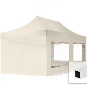 PROFI pop-up összecsukható pavilon és rendezvénysátor 3 × 6 m, 18 m², fehér PVC bevonatú ponyvával és oldalfalakkal, 30 × 30 mm-es korrózióvédett acélvázzal, 3 fokozatban állítható magassággal
