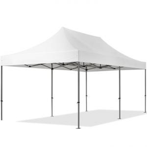 PROFI pop-up összecsukható pavilon és rendezvénysátor 3 × 6 m, 18 m², fehér vízálló PVCponyvával, 4 db ablak nélküli oldalfallal, 40 mm-es porfestett acélvázzal, ollómechanikával állítható magassággal